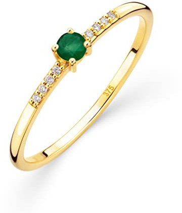 OROVI Damen Goldschmuck, Gold Ring, Solitaire Smaragd und 8 Diamanten 0.03 ct., Verlobungsring, Edelsteine, Geburtsstein, 9 Karat (375) Gelbgold