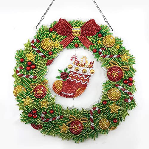 NSXIN 5D Diamond Painting Weihnachten Deko, DIY Diamant Malerei Bilder Kit Weihnachtskranz mit LED-Licht, Handwerk Applique Mosaik für Haustür Wand Fenster Weihnachtsdekor (A1)