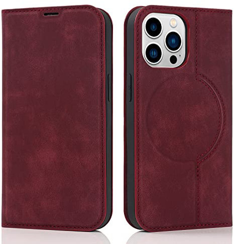 QLTYPRI Wallet Case for iPhone 13 Pro (6.1 inch) Compatible with Magsafe Charger, Magnetic Flip Folio PU Leather Phone Case with RFID Blocking Card Holder Slots Kickstand Shockproof Cover - Wine Red