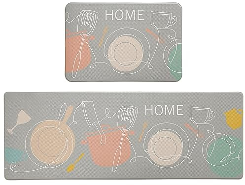 Decoly Standing Kitchen Mats - 2-in-1 Waterproof Anti-Fatigue Kitchen Mat - Kitchen Floor Mat Set with Non-Slip Leather Surface - Non-Skid Kitchen Runners (Colorful Grey, 40x60cm + 45x120cm)