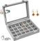 AMJKEJI Joyero de terciopelo, 24 rejillas, caja de almacenamiento de joyas, caja de almacenamiento de pendientes, caja de joyería de viaje, organizador de joyas con cerradura, caja de exhibición gris