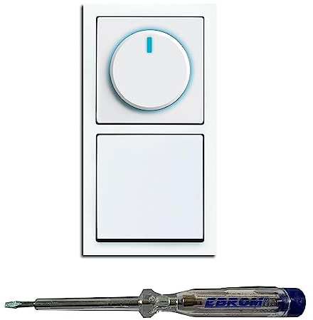 Busch Jäger 6523U-102 LED Drehdimmer Dimmer + Scheibe 6540-84-102 und Lichttaster 2020 US in Future Linear Studioweiß glänzend inklusive EBROM Phasenprüfer zur Montage der Geräte (6523 U – 102)