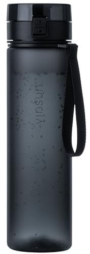 VINSUN Bouteille d'eau 1L Noir - sans BPA, Anti-Fuite, Facile à Ouvrir à une main - Gourde Sport légère pour Velo, Randonnee, Voyage, Fitness, Camping