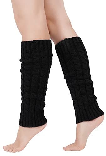 Stylish Thermal Black Leg Warmers - Chunky Cable Knitted, 80s Style for Ballet, Skating, Ice Dancing & Parties