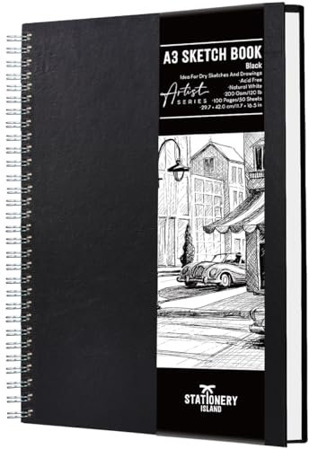 STATIONERY ISLAND A3 Skizzenbuch, 200 g/m² Dickes Papier, Spiralgebundener Zeichenbuch A3 Hardcover, Skizzenblock zum Skizzieren, Illustration, Porträt, 50 Blatt/100 Seiten