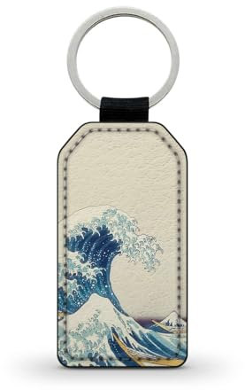 Generic Porte-clé noir en simili cuir Art Japonais Vague Manga Design Koi Poissons Carpe Retro Japan Wave Samourai Paysage Chine Ref 3