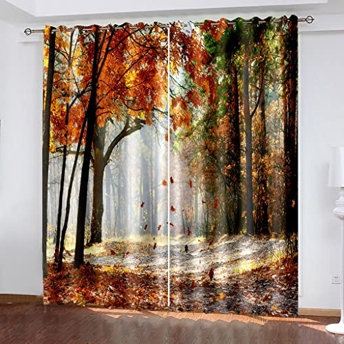 Vorhänge Blickdicht Wohnzimmer Gardinen Verdunkelungsvorhang Schlafzimmer Kinderzimmer Thermovorhang 3D Digitaldruck Herbstlicher Goldener Ahornbaum Ösenschal 2Er Set - H 264 X B 234 cm