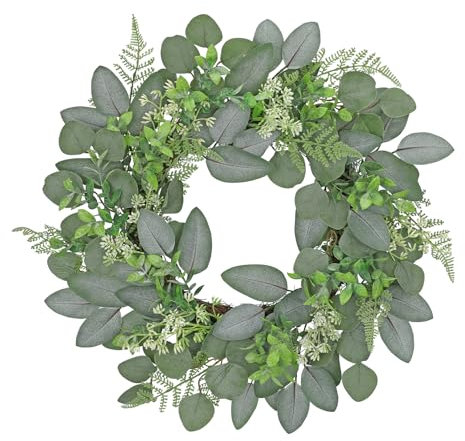 Hollyone 20'' Artificial Eucalyptus Wreath, Fake Eucalyptus Wreath for Front Door, Faux Plants for Wall Decor, Hanging Oranments for Home, Entryway, Windows, Living Room, Kitchen