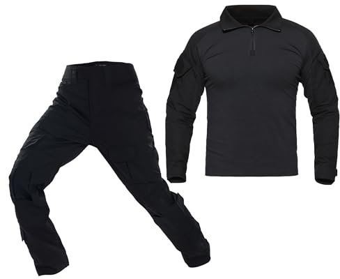 WISEONUS Tenue Airsoft Uniforme Militaire Tactique Pantalon de Combat Poches Multiples Pantalon et Tactical Chemise pour Paintball Chasse Tir BDU (Noir, XL)