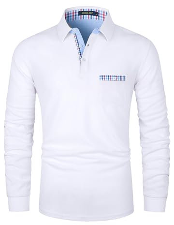 KUNJLELP Men's Premium Long Sleeve Polo Shirt Casual Cotton T-Shirt with Real Pocket,White 37,L