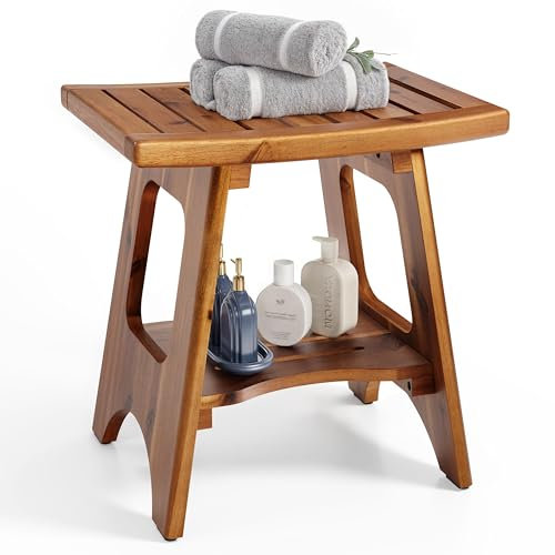 HOLANA Bancos de ducha de madera de acacia de 18 pulgadas para ducha interior, taburete de ducha de madera impermeable para afeitarse las piernas, asiento de banco con estante de almacenamiento para