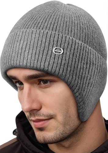 Grau Wintermütze Herren Damen, Mütze Herren Winter Strickmützen für Herren, Beanie Herren Winter Warme Mütze mit Ohrenklappen, Skimütze Herren Thermo Mütze Herren Geschenke für Männer Weihnachten
