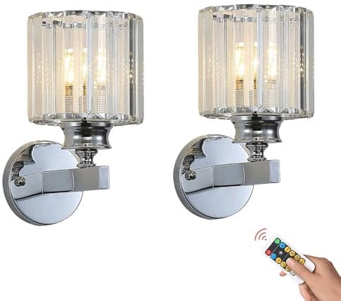 ANUOMY Silver Battery Operated Wall Sconces Set of 2, Rechargeable Bathroom Vanity Glass Wall Lamps, Small Chrome Cordless Dimmable Battery Powered Wall Lights for Living Room Bedroom Hallway Over Mir