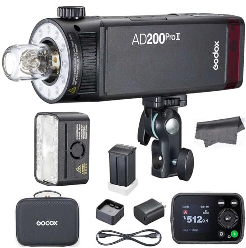 Godox AD200 Pro II AD200Pro II Pocket Flash Strobe, Upgraded Flash Heads, Bicolor Modeling LED Light, 500 Full Power Flashes, 2.4G HSS TTL Speedlight for Sony Canon Nikon Fujifilm Panasonic Cameras