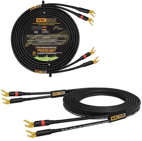 WORLDS BEST CABLES 3 Foot WBC-GOLD-LOCAP-SPKR-12 AWG - Low-Capacitance - Low-Inductance - High Purity OFC - Audiophile HiFi Speaker Cable Pair with Eminence Gold Spade Plugs