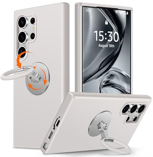 XYZ für Samsung Galaxy S23 Ultra Hülle mit Ständer, flüssiges Silikon Handyhülle mit Drehbarer Weich Silikon Ring, Stoßfeste Schutzhülle für Samsung S23 Ultra Case, Taupe