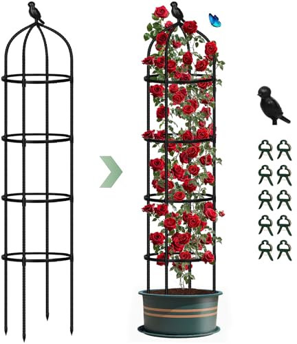 Obelisks for Climbing Plants, 180cm 6ft Metal Tower Garden Trellis for Climbing Plants Rose Cucumber Plant Pot, Indoor Outdoor Plant Support, 1Pack Tall Garden Obelisks Frame Sweet Pea Trellis
