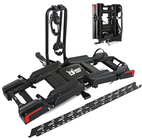 Eco Pro Upgraded 200lbs EBike Rack with Ramp for 2 E-Bikes, Hitch EBike Rack for Cars SUVs Trucks, Foldable Tilting Bike Rack Platform for Tow Hitch 2 Receiver, E-Bike Carrier Fits up to 5 Fat Tire