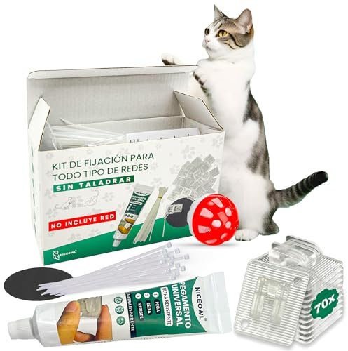 NICEOWL® Kit de Fijación Red Sin Taladros | Juguete Gratis | Pack 70 Ganchos Adhesivos + 100ml Pegamento Universal +35 Bridas + Lija | Red para Gatos Terraza | Clips Anti UV | Red Gatos Terraza