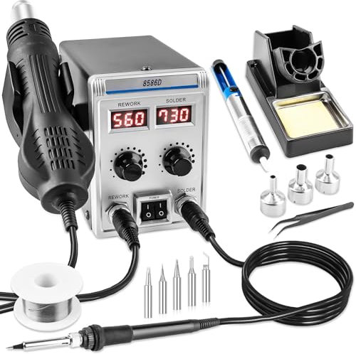 8586D Station de soudage et de dessoudage à air chaud 2 en 1, double affichage numérique, température 100-500 °C, mode veille automatique, port de charge USB, pour réparations électroniques (SOIC, BGA