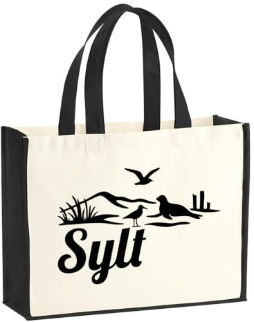 Huuraa Jutetasche Sylt Strandmotiv Geschenk | Großer Shopper 21 Liter Juteshopper Black Tasche aus Jute und Baumwolle Einkaufstasche Geschenkidee Tragetasche mit Motiv