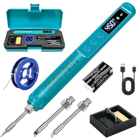 Set saldatore a batteria, USB, ricaricabile con display LCD, temperatura regolabile 200 – 450 °C, senza fili, 3 punte di saldatura, set professionale senza fili, ciano
