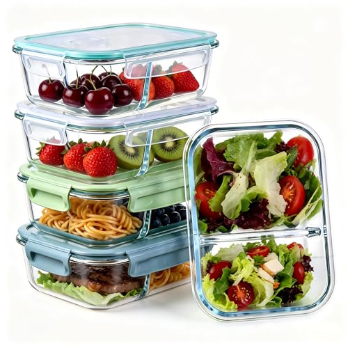 Zocipro 5 Pack 1040ml Glass Food Storage Containers with Lids | 2 Compartment Meal Prep Containers, Leak-Proof, Airtight, Microwave, Oven, Freezer & Dishwasher Safe