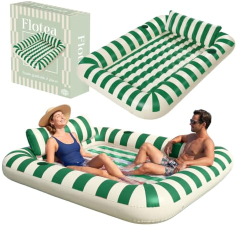 Flotea® Bouée Piscine Gonflable Adulte XXL 2 Places Beige & Vert | Matelas Flottant avec Coussins et Porte-Gobelets Intégrés | PVC 215 x 148 cm | Piscine, Plage, Mer, Vacances | Original Corner
