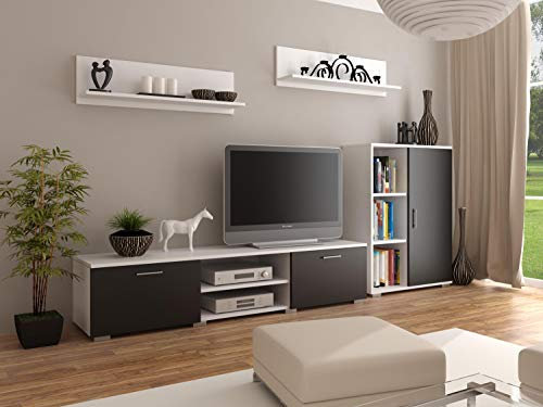 Per la vita Schrankwand Weiß/Schwarz Szopen – Modernes Regalwohnzimmer Set in Weiß-Schwarz- Möbel Modern mit integriertem Wohnzimmerschrank, TV Schrank, Sideboard & Wandregal