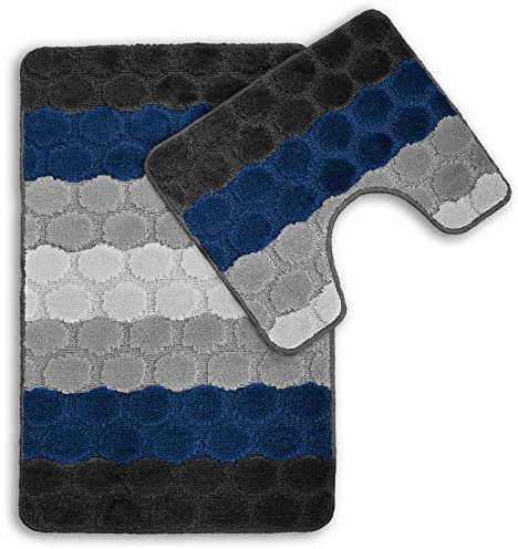 Velosso Anti Slip Super Absorbent 2pce Bath Mat & Pedestal Set Hexagon Stripes 8 Colours (Navy/Grey)