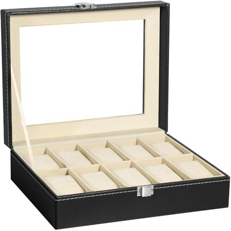 Uten Uhrenbox für 10 Uhren, Uhrenkasten, Glasdeckel, Uhrenkoffer, herausnehmbare Uhrenkissen, Metallverschluss, Geschenkidee, PU-Bezug in Schwarz, Innenfutter in Beige