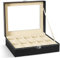 Uten Uhrenbox für 10 Uhren, Uhrenkasten, Glasdeckel, Uhrenkoffer, herausnehmbare Uhrenkissen, Metallverschluss, Geschenkidee, PU-Bezug in Schwarz, Innenfutter in Beige