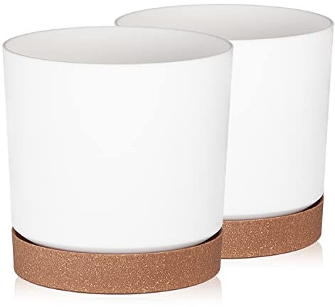 Tymar Pot de Fleur avec Soucoupe, Lot de 2 Pots de Plantes décoratifs en Plastique, Forme Ronde Moderne pour l'intérieur (ø 24 cm, (2pack) LI Blanc)