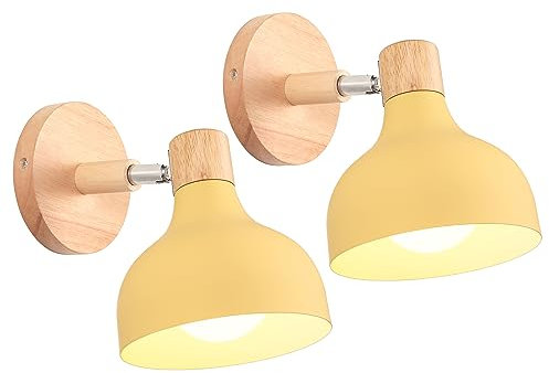 iDEGU 2 Stücke Wandlampen Retro E27 Wandleuchte Moderne aus Holz Metall im Skandinavischen Stil Lampenschirm Tropfenförmig Verstellbare Wandspot Vintage Lampe für Schlafzimmer Wohnzimmer (Hellgelb)