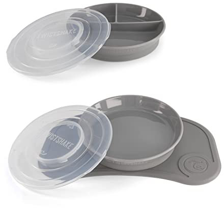 Twistshake Set de Vaisselle Bébé Mini + Assiette Divisée | Plaque D'aspiration Bébé + Set de Table Bébé (31x17 cm) + Assiette Divisée | Sans BPA | Plaque D'entraînement | Gris
