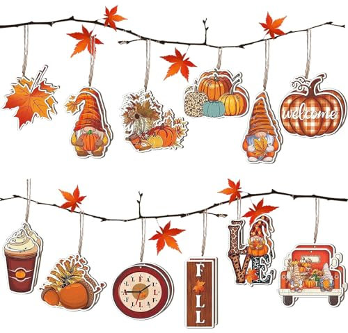 Herbst Deko, 24 Stück Herbstdeko zum Aufhängen, Holz Deko Hänger Herbst Dekoration mit Schnur, Kürbis Ahornblatt Zwerge Wichtel Deko zum Aufhängen für Thanksgiving zum Aufhängen