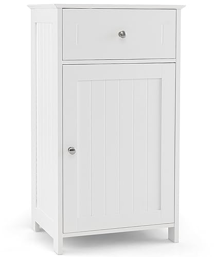 GIANTEX Floor Bathroom Storage Cabinet with Door and Drawer (White)