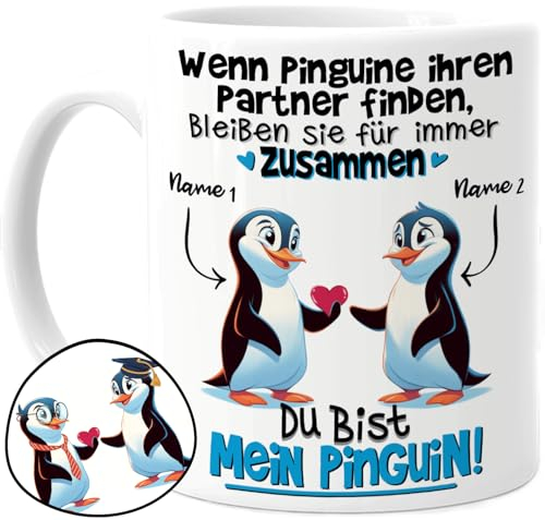 Tassenliebling® Paar Tasse personalisiert - Wenn Pinguine ihren Partner finden - Süßes Pärchen Geschenk für ihn zum Jahrestag - Liebesgeschenke Freund Ehemann - Valentinstag - 330ml Keramik