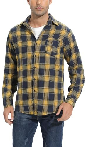 Chemisier Carreaux Coton Homme Chemise Bûcheron Western Veste à Carreaux en Flanelle T Shirt Manches Longues Casual Décontractée Classique Retro Ecossaise Gilet Blouse Jaune L