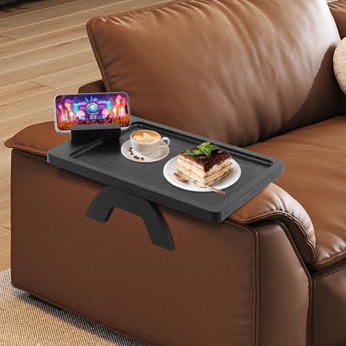 ATIVLB Sofatablett, 39 x 25cm Bambus Couchbar Sofa Tisch, Faltbares Sofa Tablett Cauchsofa Tisch Couch Armlehnen Tablett, 360° Drehbarem Tischplatte und Handyhalter (Schwarz)