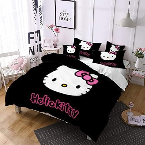 Hello Cat Bettwäsche-Set Bettbezug-Set Mit Cartoon-Tiermuster Bettgarnitur Bettbezug für Kinder 1 Bettbezug und 2 Kissenbezüge 155x220cm