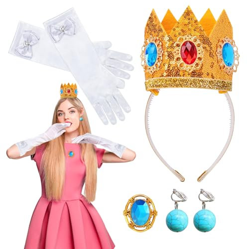FFTANXS Damen Prinzessinnen-Zubehör, Prinzessin Kostüm, Peach Kostüm Zubehör Set, Krone/Ohrringe/Handschuhe/Brosche, für Dekoration, Tanzpartys und Rollenspiele, Halloween