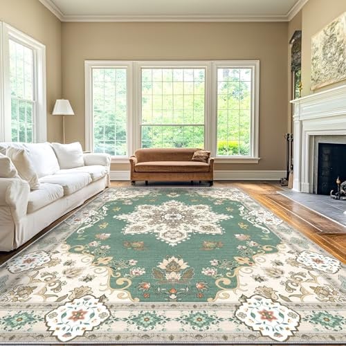 Luogort Grün Teppich Wohnzimmer 200x300cm, Waschbarer Vintage Teppich Kurzflor Teppiche mit Rutschfester Rückseite – Weich, Kindersicher & Pflegeleicht für Büro Esszimmer Kinderzimmer