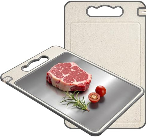 Luvan Doppelseitiges Schneidebrett, 304 Edelstahl & lebensmittelechtes PP, Küchenschneidebrett mit Griff und Saftrille, Ideal für Fleisch & Gemüse (36,5 × 25 cm)