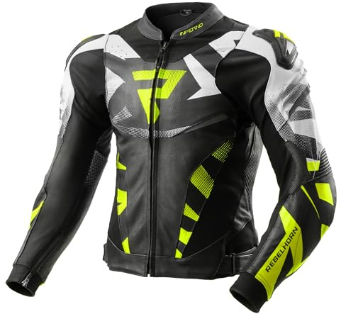 REBELHORN Inferno Motorradjacke Herren | Leder | Ellbogen, Schulter und Rückenprotektor RE ZRO Stufe 2 | Schulterschleifer | In&Out Winddicht Weste | Belüftungspaneele | Größen bis 62