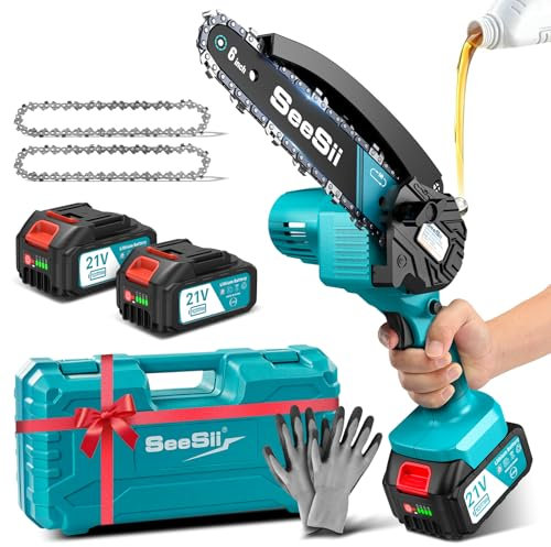 SEESII Mini Motosega a Batteria 6 Pollici, 2 x 4000mAh Motosega Elettrica per Potatura con Pompetta Olio e Catena di Ricambio, 900W Motosega da Potatura per il Taglio del Legno Giardini, M6 Pro
