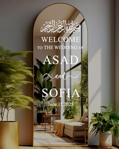 Personalised Islamic Wedding Welcome Sign | Mirror Sign Decal | Welcome to The Wedding Sign | Reception Entrance Sticker BW (H110xW55-60cm)