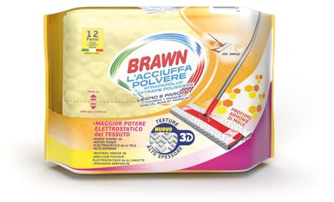 Brawn Acciuffapolvere Legno e Parquet, Tessuto in Texture 3D ad Alto Spessore con Maggiore Potere Elettrostatico, Profumo Armonie di Miele, Confezione da 12 Panni