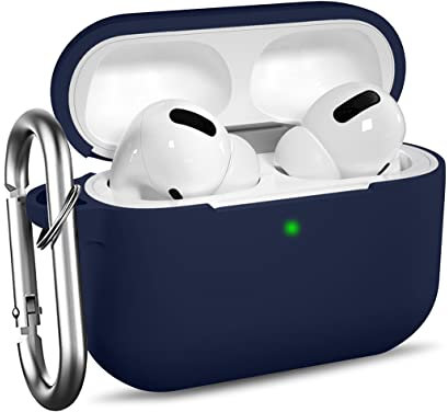 Ouwegaga Kompatibel mit AirPods Pro Hülle - Stoßfeste Silikon Case Schutzhülle [Front-LED Sichtbar] mit Karabiner Kompatibel mit Apple AirPods Pro 2019, Blau