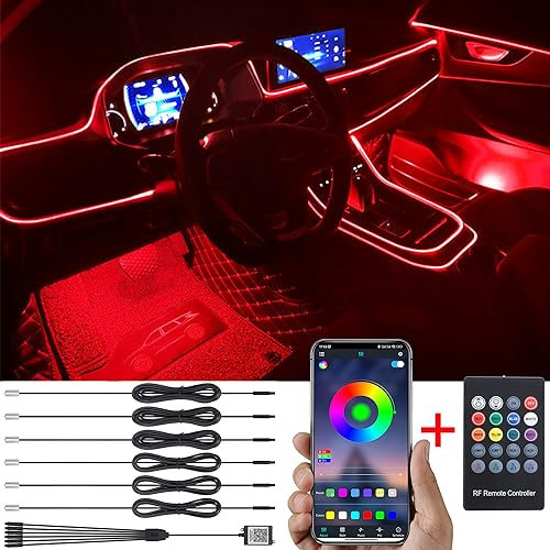 TABEN Auto Atmosphärenlicht Kit Musiksynchronisation Mehrfarbig RGB 16 Millionen Farben 8 Meter Glasfaser USB-Ambientebeleuchtung Kit, drahtlose RF-Fernbedienung und Bluetooth-App-Steuerung DC 12V